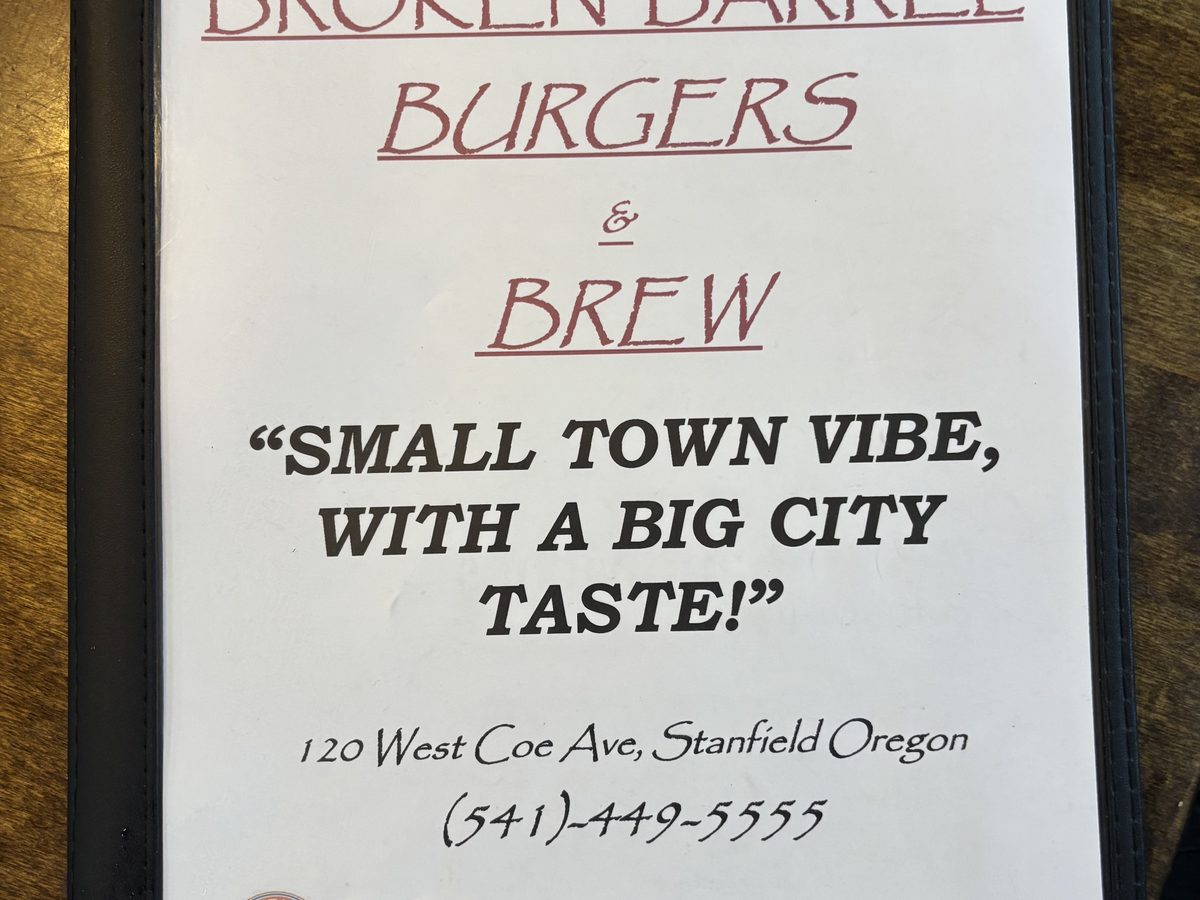 The Broken Barrel menu cover: Burgers and Brew, small town vibe with a big city taste, and the America's Best Restaurants badge